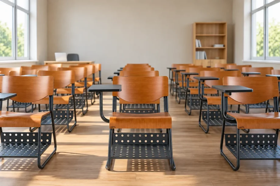 Modern university classroom with HATIL classroom chairs and integrated writing desks