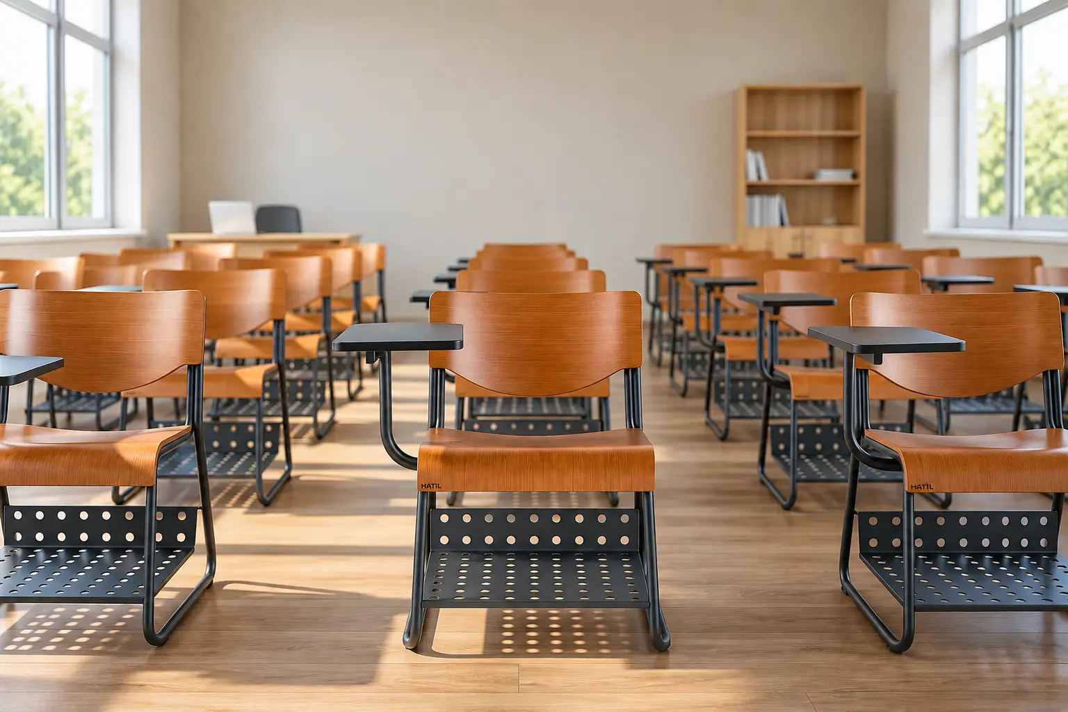 Modern university classroom with HATIL classroom chairs and integrated writing desks